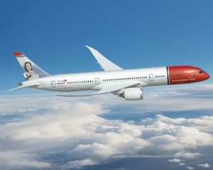 787; 787-8; Rendering; Norwegian Air; right side view; flying over clouds; Sonja Henie on tail fin; K66449